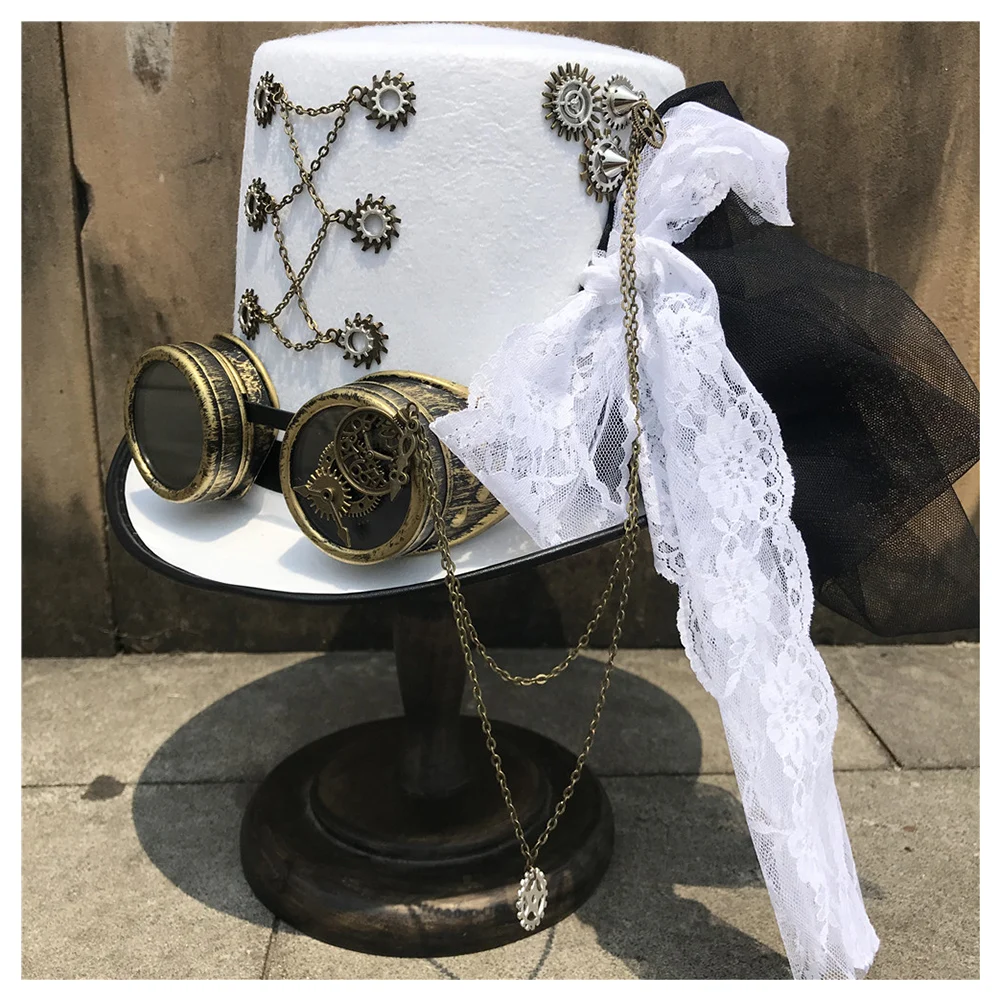 Женская Ретро шляпа ручной работы в стиле стимпанк с очками и кружевами, Волшебная Шляпа для сцены, белая шляпа, размер 57 см, шапка в стиле стимпанк