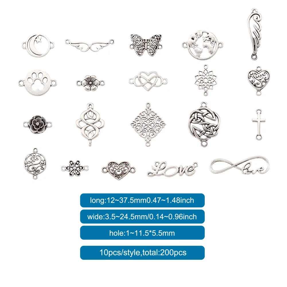 200Pcs/lot 20 Styles Tibetan Alloy Vintage Wing Butterfly Blossom Flower Heart Charm Pendants DIY Jewelry for Necklace Bracelet