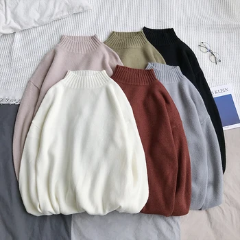 

UYUK2019 Autumn Winter New Collegiate Casual And Versatile Solid Color Semi-turtleneck Round Collar Youth Men's Sweater Clothes