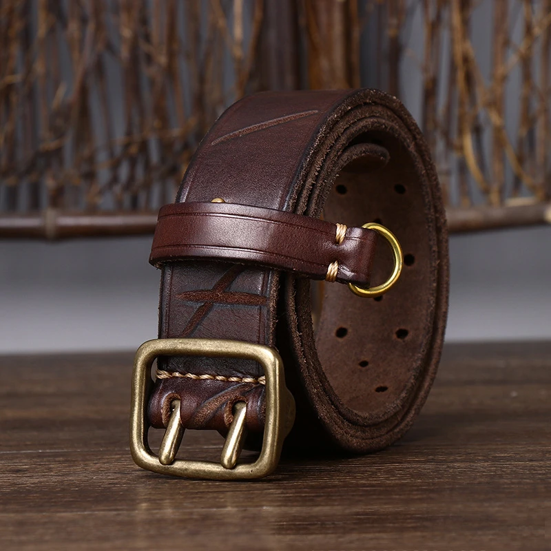 Luxury Thick Cowhid Genuine Leather Men Belt Double Copper Buckle Belt Ceinture Leather Belt Men Jeans Trouser Belt For Jeans mens fabric belts