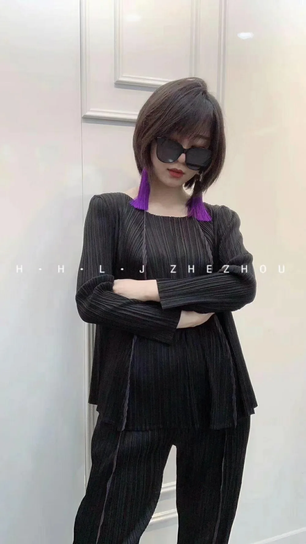 Miyake fashion suit fold o-neck long sleeve T-shirt+ nine points Harem pants two-piece outfit IN STOCK