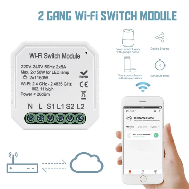 Lonsonho умный Wifi переключатель реле 2 банды 220 В туя Модуль ...