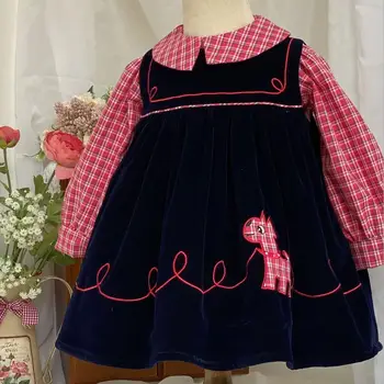 

Baby Girl Spanish autumn plaid shirt Corduroy embroidered vest Dress for kids two sets ball gown dress