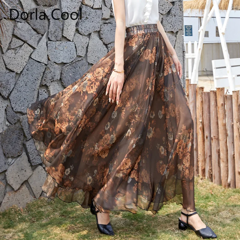 

2021 Vintage Designer Skirts For Women Chiffon Midi Long Elastic Waist Plus Size Chinese Style Printed Florals Vacation Clothing