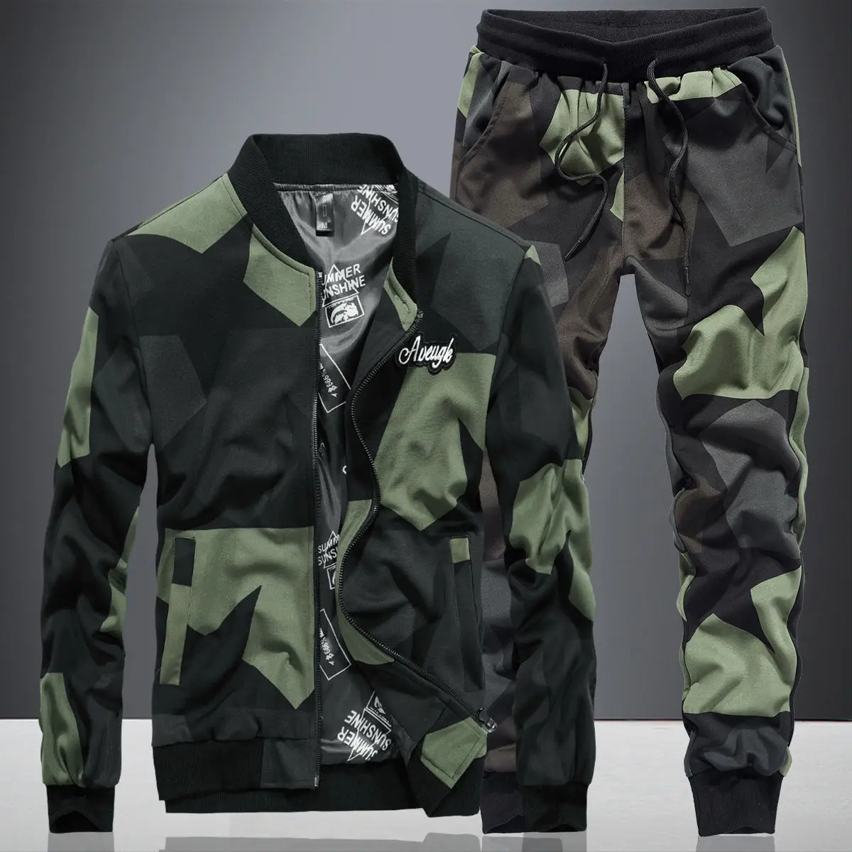 

2020 Men's casual two-piece camouflage uniforms uniform frock coat collar Spring and Autumn straight waist plus velvet track sui