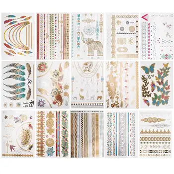 

15 pcs Transfer Tattoos Waterproof Gold Metallic Vintage Party Decor Temporary Tattoo Body Sticker for Children Adults