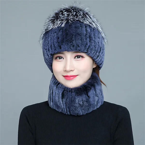blue Меховая шапка для женщин, шапка из меха кролика рекс для зимы, меховые шапки высокого качества для женщин, зимние шапки, шарф костюм - Цвет: blue