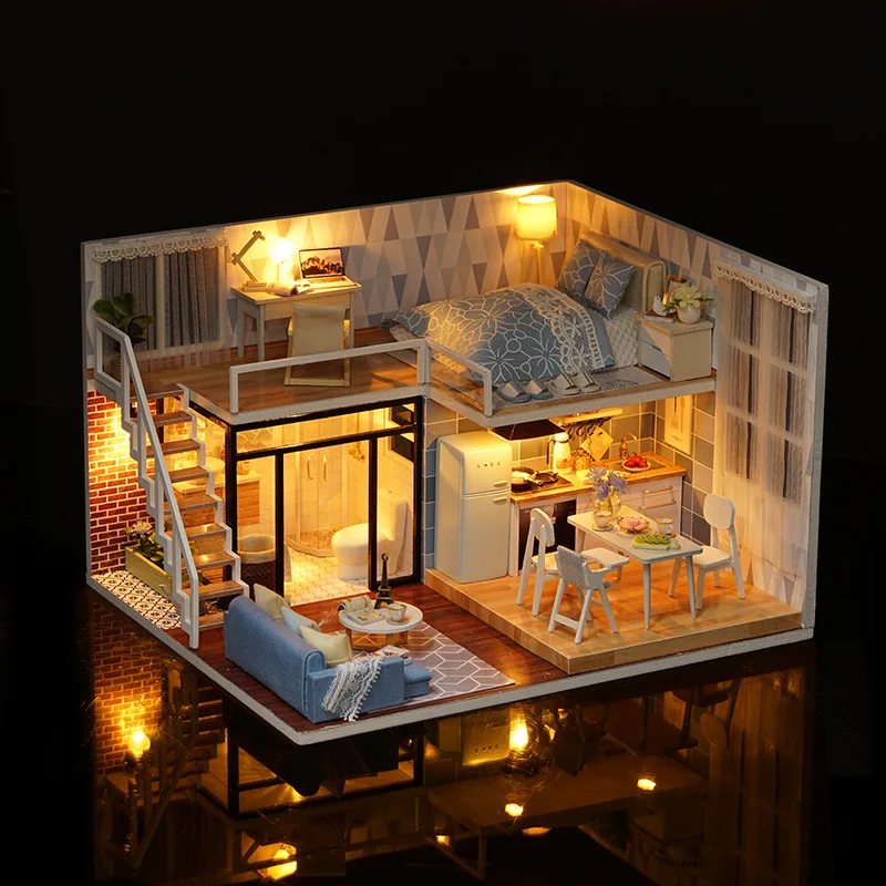 

L023 Light Blue Time Creative DIY Mini Small House Educational Handmade Assembled Mini Scene Birthday Gift