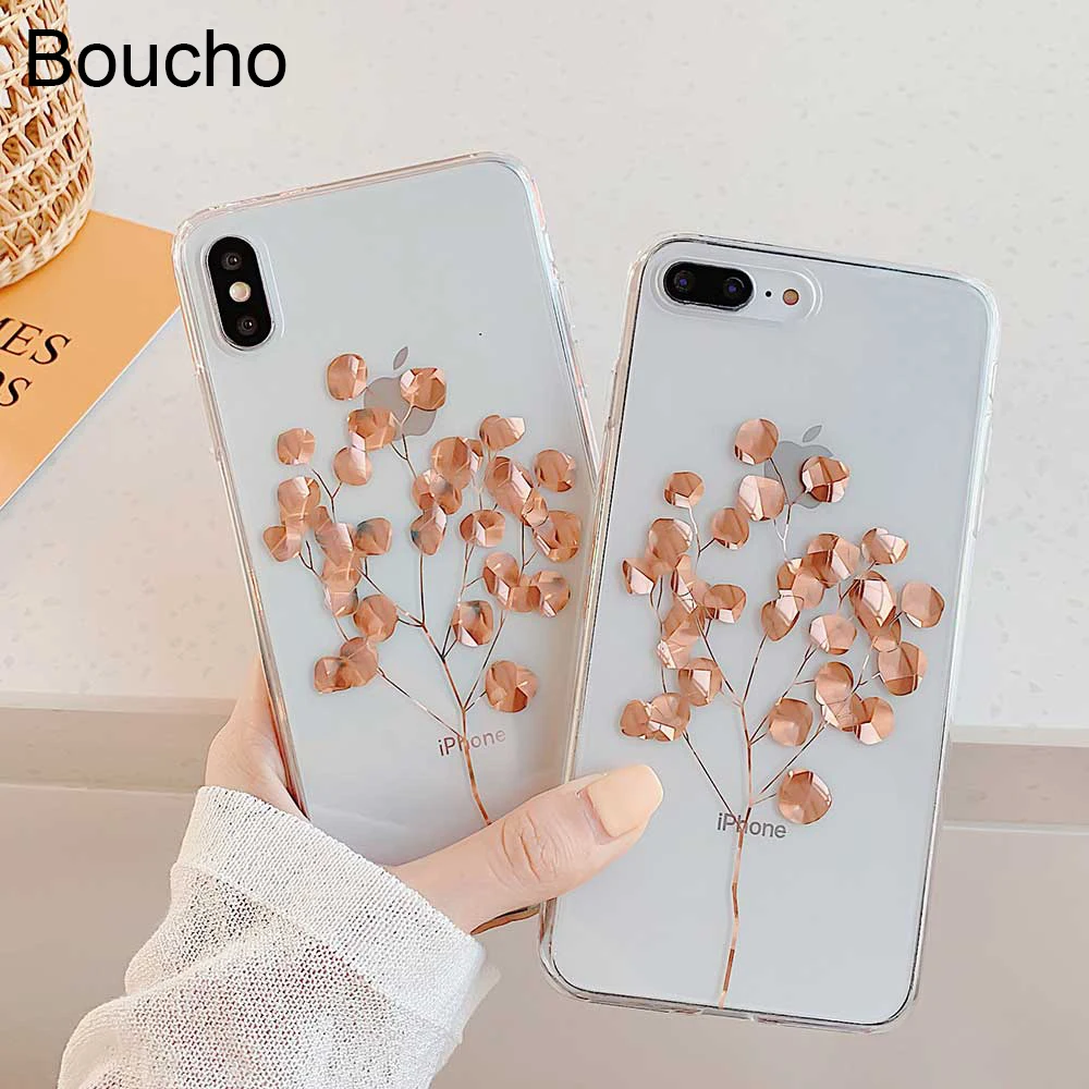 

Boucho Rose Gold Plating Art Leaf Cases For iphone XS Max XR X 8 7 Plus Shining Leaves Plant Tree Phone Case Clear Back Cover