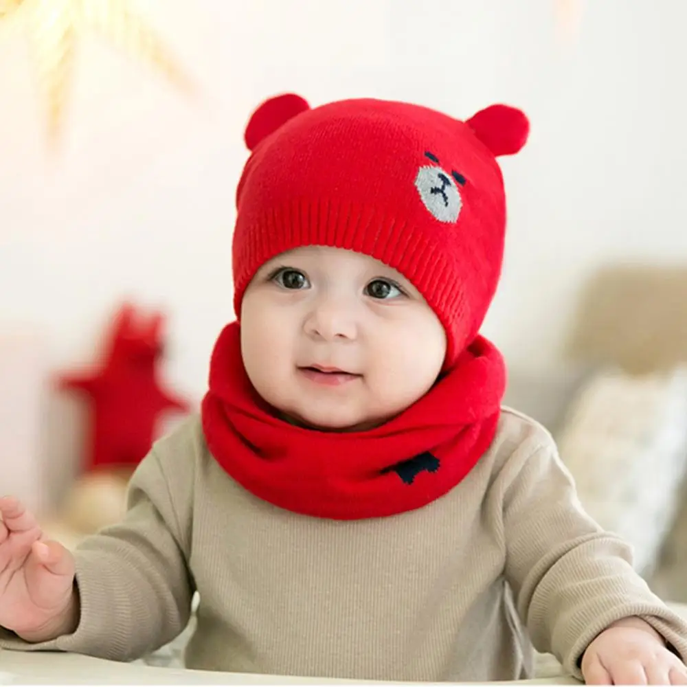 Зимние теплые вязаные шапочки для младенцев, детская шапочка, вязаная Лыжная шапка из искусственного меха с помпонами для малышей 0-3 лет - Цвет: Red