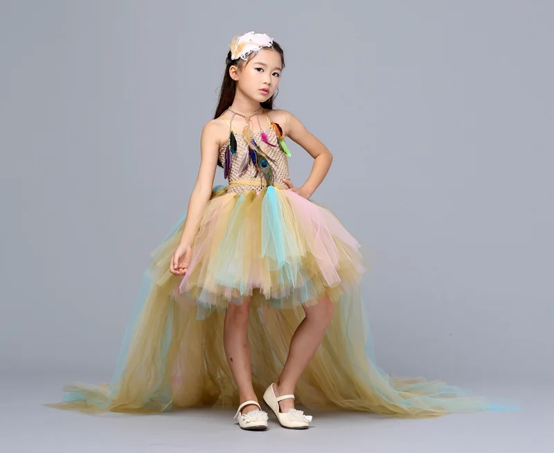 Dress with Train Шикарная мечта, винтажное золотое ожерелье с пером павлина, детские платья-пачки для девочек, платья на Хэллоуин, свадебные платья со шлейфом, тюль для детей - Цвет: Dress with Train