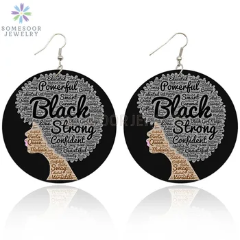 

SOMESOOR Smart Black Woman Afro Natural Hair Wooden Drop Earrings Printed Powerful Sayings African Wood Jewely For Women Gifts