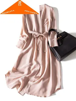 

Silk Women Real Slim Long Summer Dress Elegant Spring Clothes 2020 Vintage Belt Party Dresses Vestidos Verano 6422