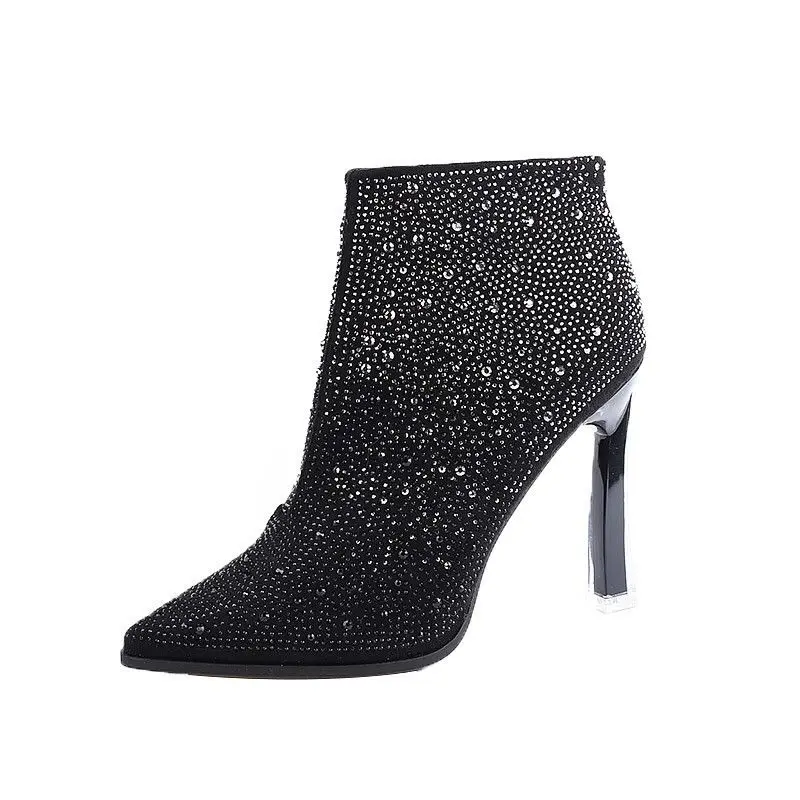 

rhinestone botas mujer boots women ankle boots mixed colors pointed toe laarzen dames bling sequin thin heels zipper sexy