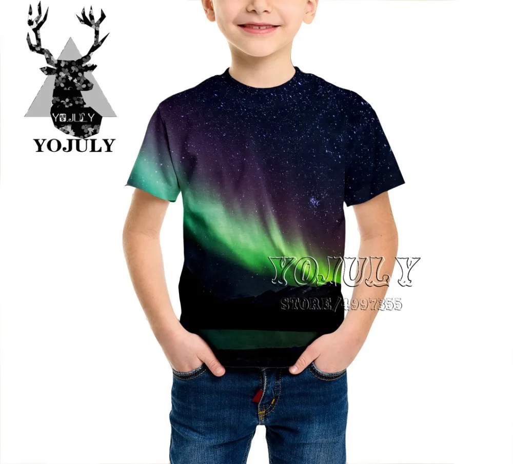 YOJULY/футболка для мальчиков и девочек в стиле Харадзюку с изображением северных огней, красивый пейзаж природы, летняя уличная одежда с 3D-принтом и круглым вырезом, A490