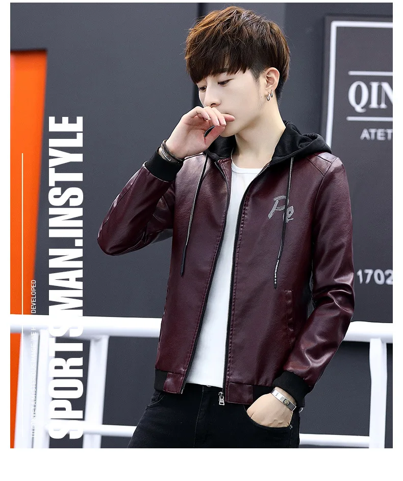 Men Hooded PU Leather Autumn New Style Korean-style Slim Fit Fashion Men'S Wear Teenager Leather Jacket Coat Fashion