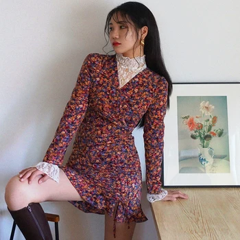 

Sannian Two Piece Set Dress Retro High Collar Bottoming Lace Shirt + V Neck Pleated Lace Floral Dresses Women Clothes
