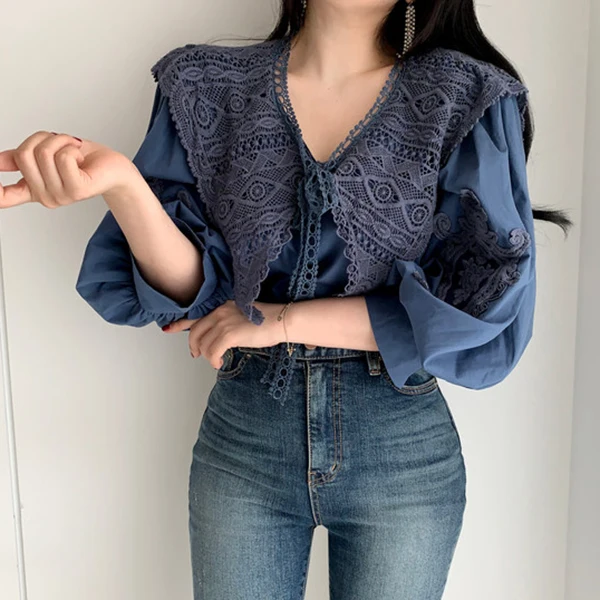  SHENGPALAE 2020 Autum New Arrival 3 Colors Women Blouses Embroidery Puff Sleeve Korean Fashion Fema