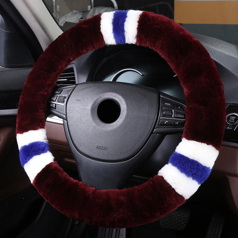 Wool True Leather Car Steering Wheel Cover Fit For 36-42 CM 14.2"-16.5" Braid on Steering-Wheel Auto Carpet Winter Warm Soft