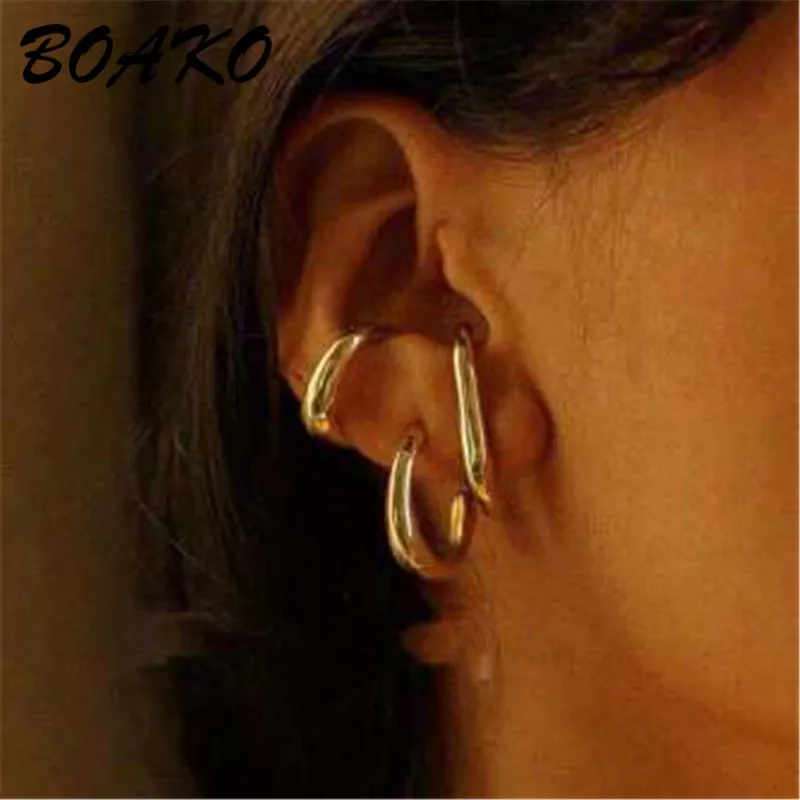 BOAKO Trendy Solid Gold Cartilage Earrings without Piercing Round Ear Cuff Minimalist Clip on Earrings for Women Korean Jewelry