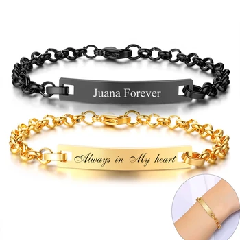 

Personalize ID Bracelets for Women Men Solid Tone Stainless Steel Couple Jewelry Custom Anniversary Promise Love Gifts