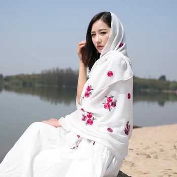 

2020 spring women's cotton and linen shade shawl embroidered beach towel scarf