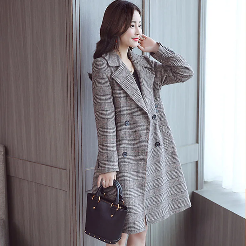 coffee autumn and winter women's new ladies double-breasted color matching retro coat temperament coat trench coat - Цвет: coffee