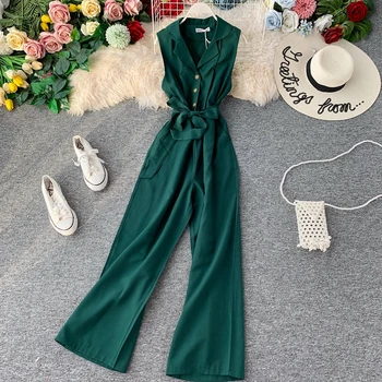 

Autumn Fashion V-collar Sleeveless High Waist Wide Legs Jumpsuits Women Solid Color Sexy Overalls Rompers J986