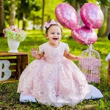 Очаровательные розовые Бальные платья для девочек на день рождения, кружевные платья с аппликацией на день рождения, кружевное Тюлевое платье с бисером для крещения