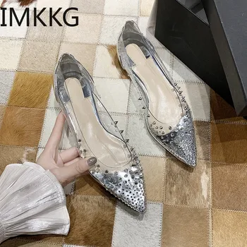 

Fashion Spring/Summer Women Flats Shoes PVC Transparent Flats rivet Rhinestone Shoes Woman Pointed Toe Slip On Casual Walk Shoes