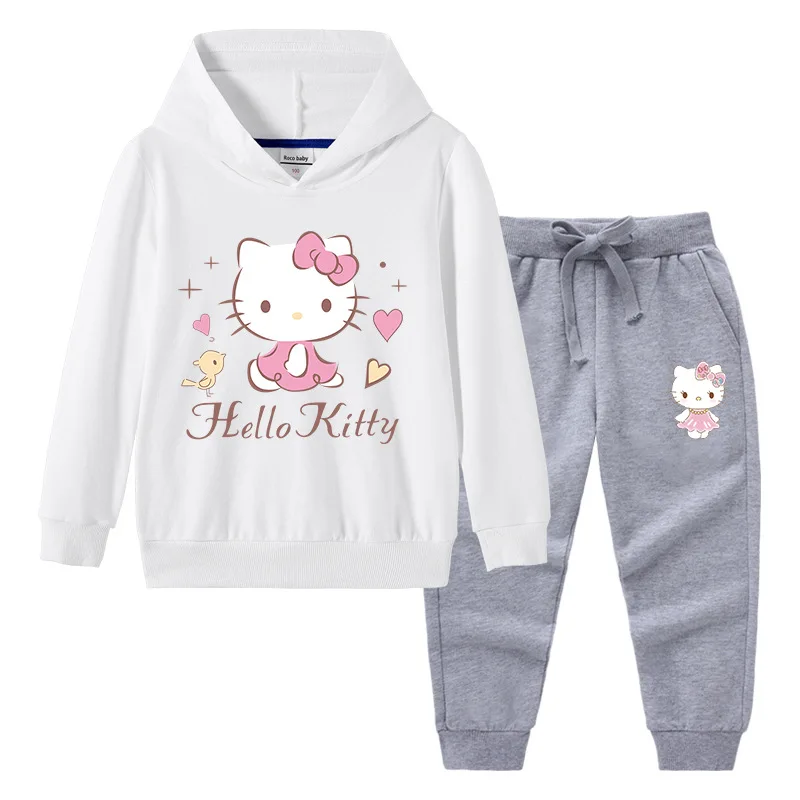Hello Kitty-suéter con capucha y cuello alto para niños, pantalones de dos piezas con dibujos animados para niño, traje deportivo informal de manga larga de algodón puro