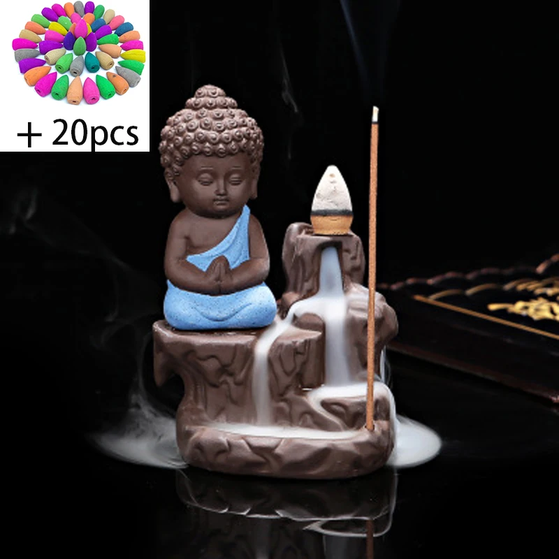 T Будда обратного потока ладан горелка с 20 шт. благовоний конусов маленький монах керамическая палочка ладан держатели для домашнего декора дропшиппинг - Цвет: A blue