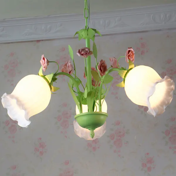 

American European Style Restaurant Iron Pink Rose Ceramic Flowers Korean Children's Room Pendant Light hanglamp