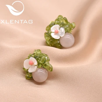 

XlentAg Handmade Pink Natural Crystal Green Stone Stud Earrings For Women Flower Earings Birthday Plant Fashion Jewelry GE0607
