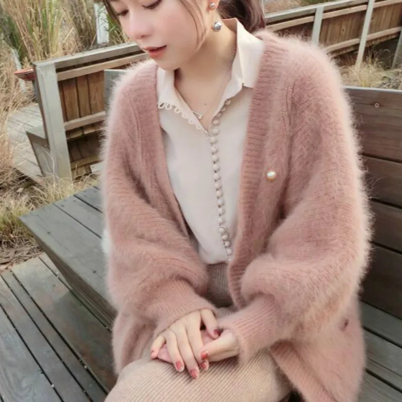 

Women Autumn Winter Long Thick Sweater Coat Knitted Cardigan Lantern Sleeves Plus Size Pull Femme Pink Casual Sueter Mujer