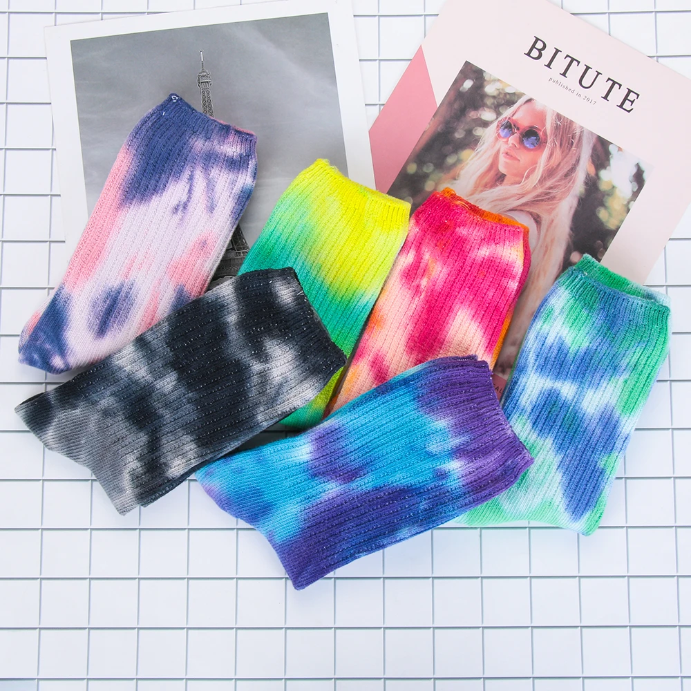 Высококачественные хлопковые носки для скейтеров, мужские женские носки, забавные носки до колена для велоспорта, бега, пешего туризма, Tie Dye Sox