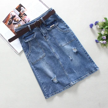 

2020 Summer Blue Jeans Skirts Womens Big Pockets Elastic Hole A-Link Skirts 100% Cotton High Waist Mid-Calf Denim Skirts 29918