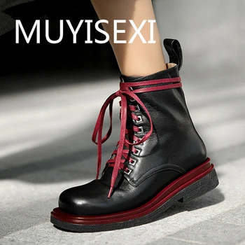 

Genuine leather mixed colors cross-tied lace up 4cm med heel round toe energy lady elegant daily wear ankle boots MHI03 MUYISEXI