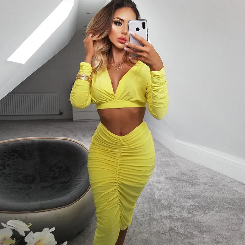 

Party Night Club Evening Skirt Set Women V Neck Long Sleeve Cropped Tops T Shirt Pleated Butt Lift Scrunched Skirt 2 PCs Set
