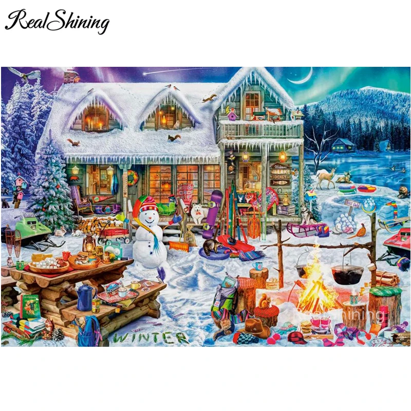 Full Square Round Diamond Painting Winterland Fun Cross Stitch Snowman House Diamond Embroidery Landscape Christmas Decor Fs6855 Diamond Painting Cross Stitch Aliexpress