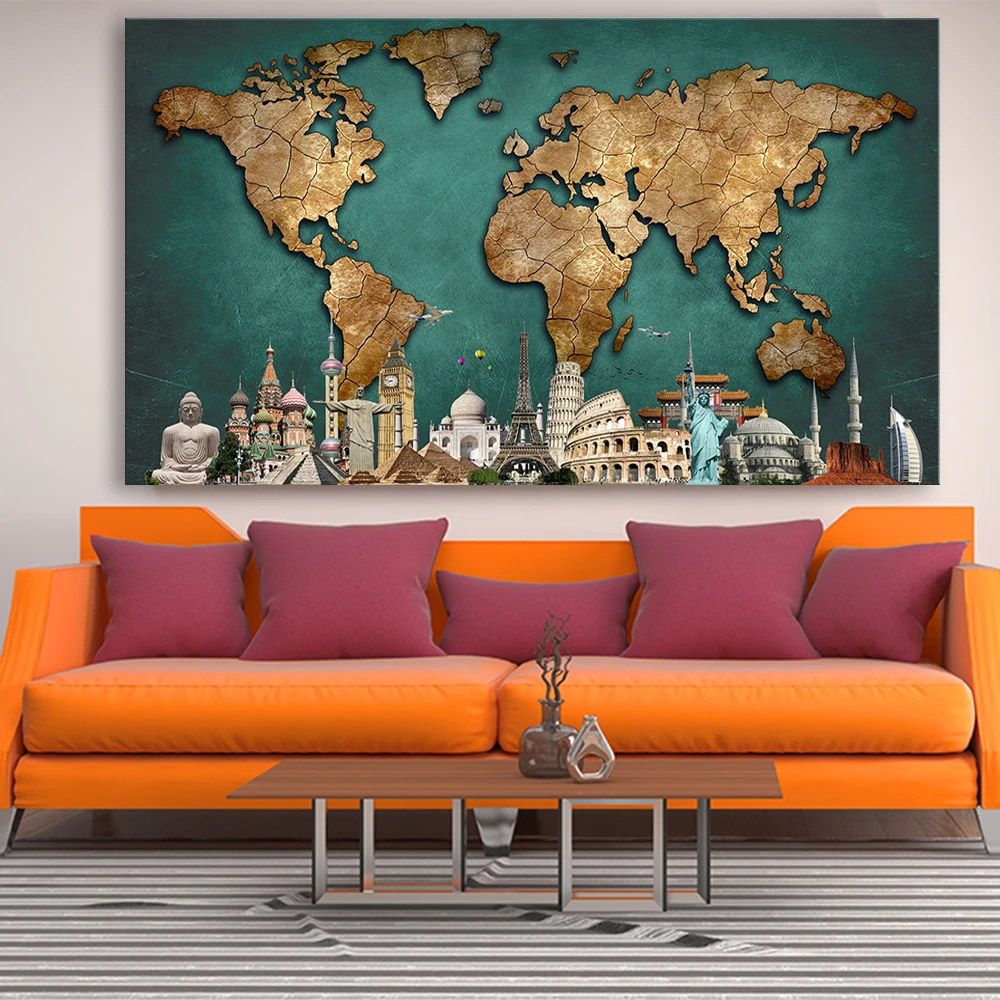 Created Retro World Map Buildings Painting Core Living Room Home Decor