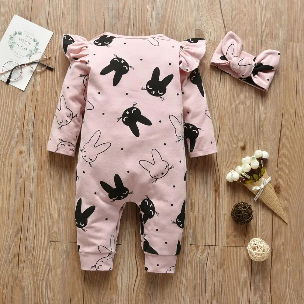 Комплект из 2 предметов; Комбинезон для маленьких девочек с рисунком кролика; хлопковый комбинезон с длинными рукавами+ повязка на голову; комплект одежды; Одежда для новорожденных