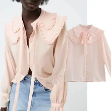 

Dave&Di England Style Fashion Elegant Solid Ruffles bow Casual Blouse Women Blusas 2021Autumn Loose Shirt Blouse And Tops