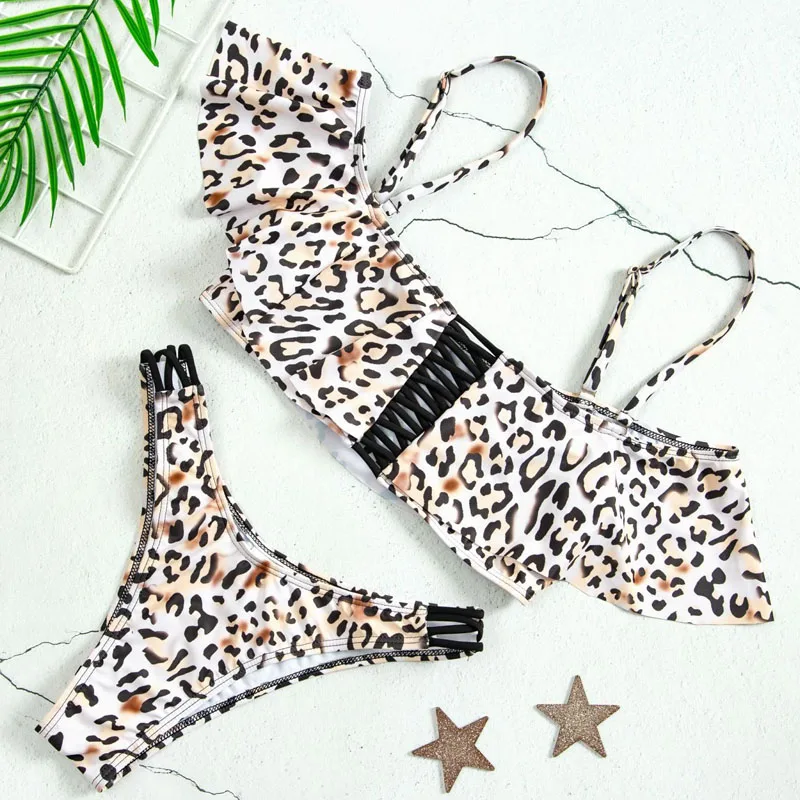 

INGAGA Sexy Ruffle Bikini Set Bandeau Swimsuits Lace-up Swimwear Women Strap Bathing Suit Women Leopard Biquini 2020 Summer