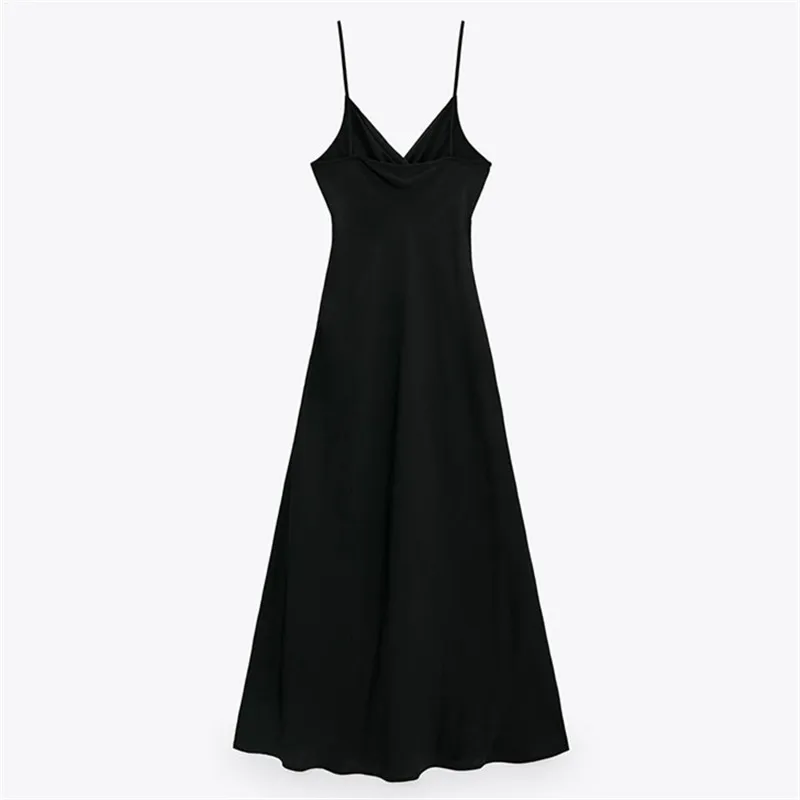 Women Satin Black Slim Midi Dress with Wrap Bodice side Buttons and Slit detail