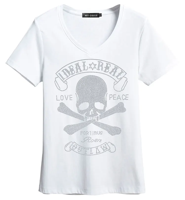 Летний Для женщин декор в виде черепов и со стразами; футболка в стиле «хип-хоп» рок футболка Hipster высокое качество бриллиантами печати черно-белые модные топы