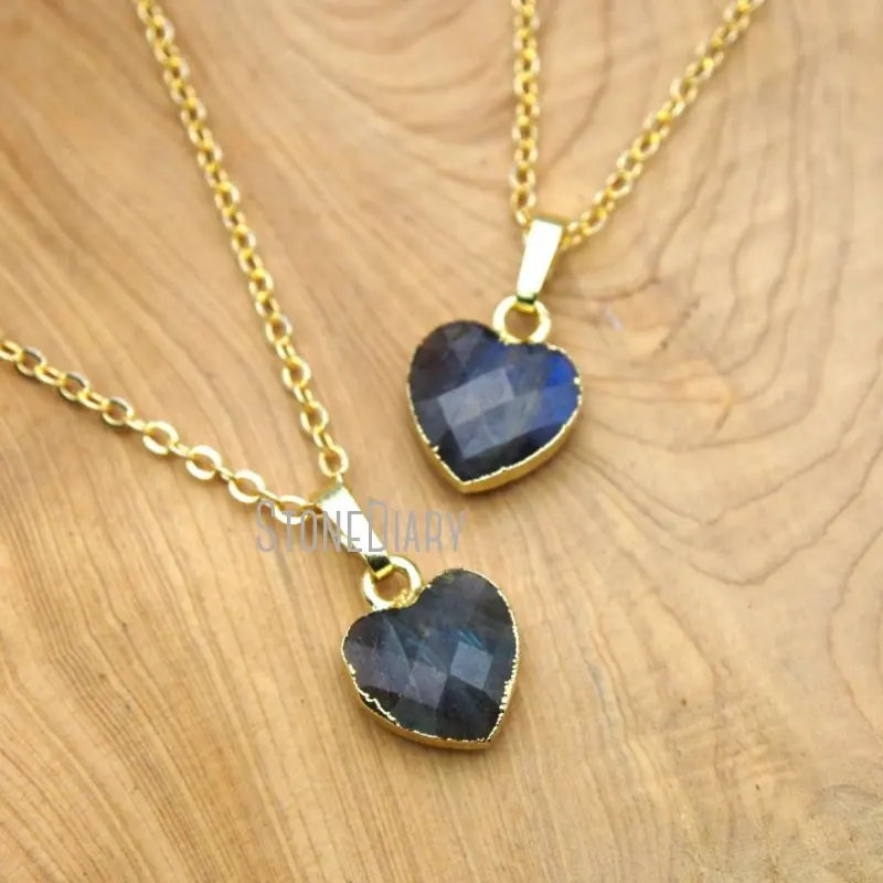 

NM15665 10Pcs Natural Gemstone Labradorite Gold Color Faceted Heart Shaped Chains Necklaces 16-20inch