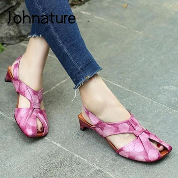 

Johnature Retro Sandals Genuine Leather Women Shoes 2020 New Summer Handmade Sewing Casual Strange Style Concise Ladies Sandals