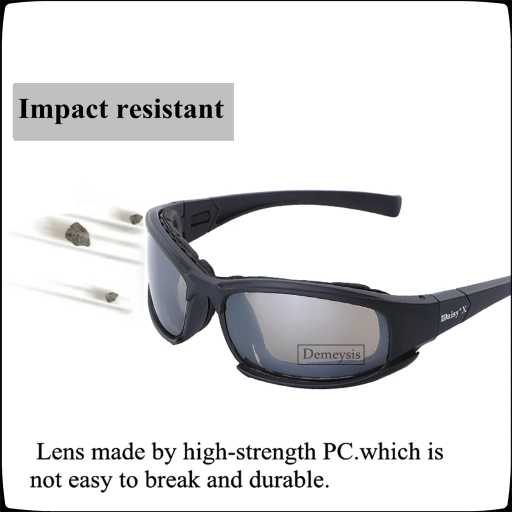 Un par de gafas de sol con una descripción que resalta su característica de resistencia a los impactos. Las gafas de sol están diseñadas con lentes de policarbonato (PC) de alta resistencia, que no son fáciles de romper y son duraderas.
