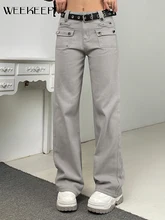 

Weekeep Women Jeans Streetwear Low Waist Button Fly Baggy Cargo Pants Y2k Aesthetic Vintage Wide Leg Denim Trousers Harajuku 90s